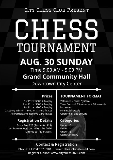 Black & White Chess Club Tournament Flyer Product Front